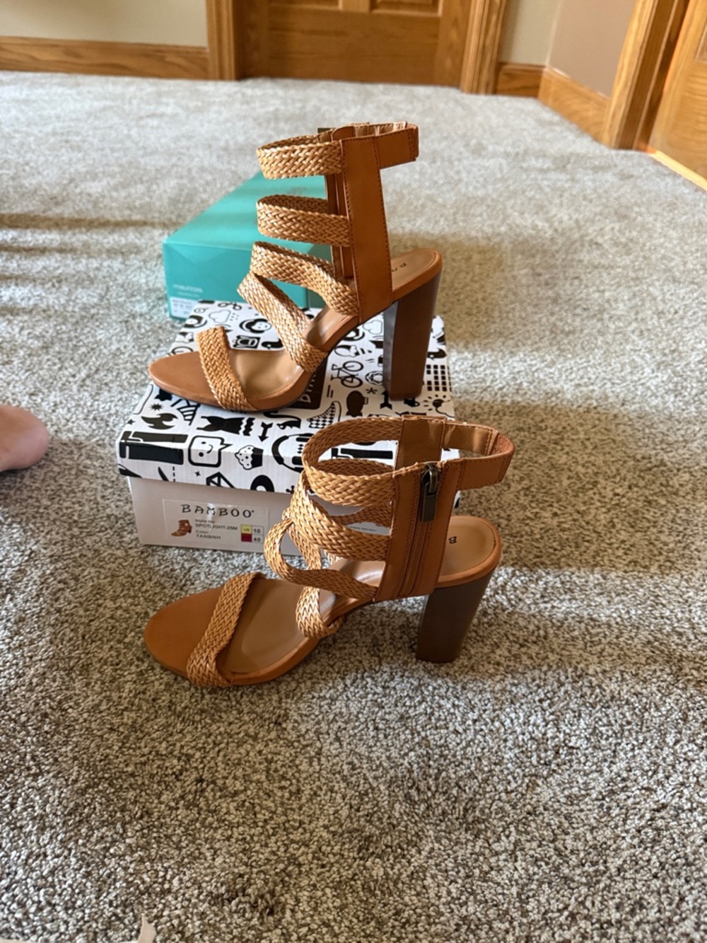 BAMBOO Cognac Braided Strappy Block Heel Sandals